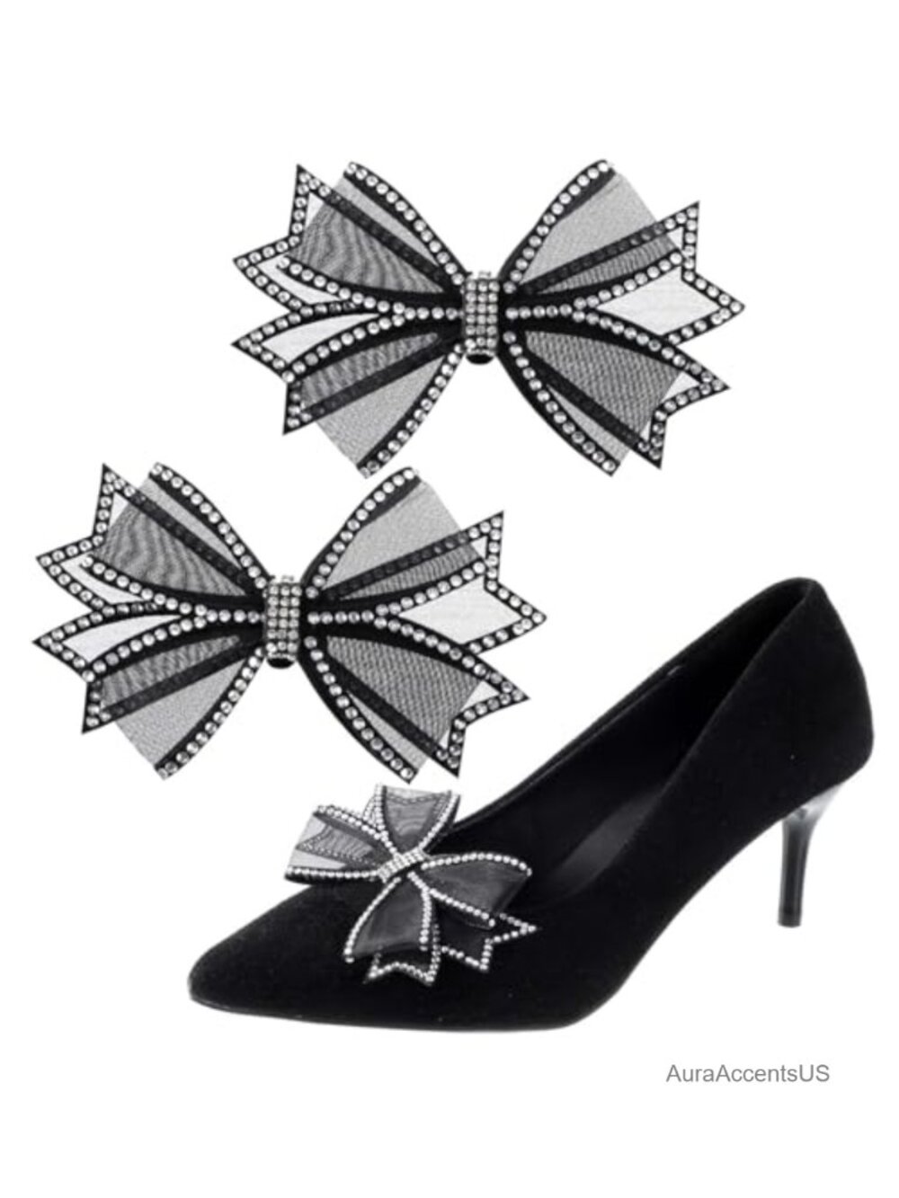Women's Rhinestone Mesh Bow Shoe Clips Detachable Heel Buckle Decorative Charm